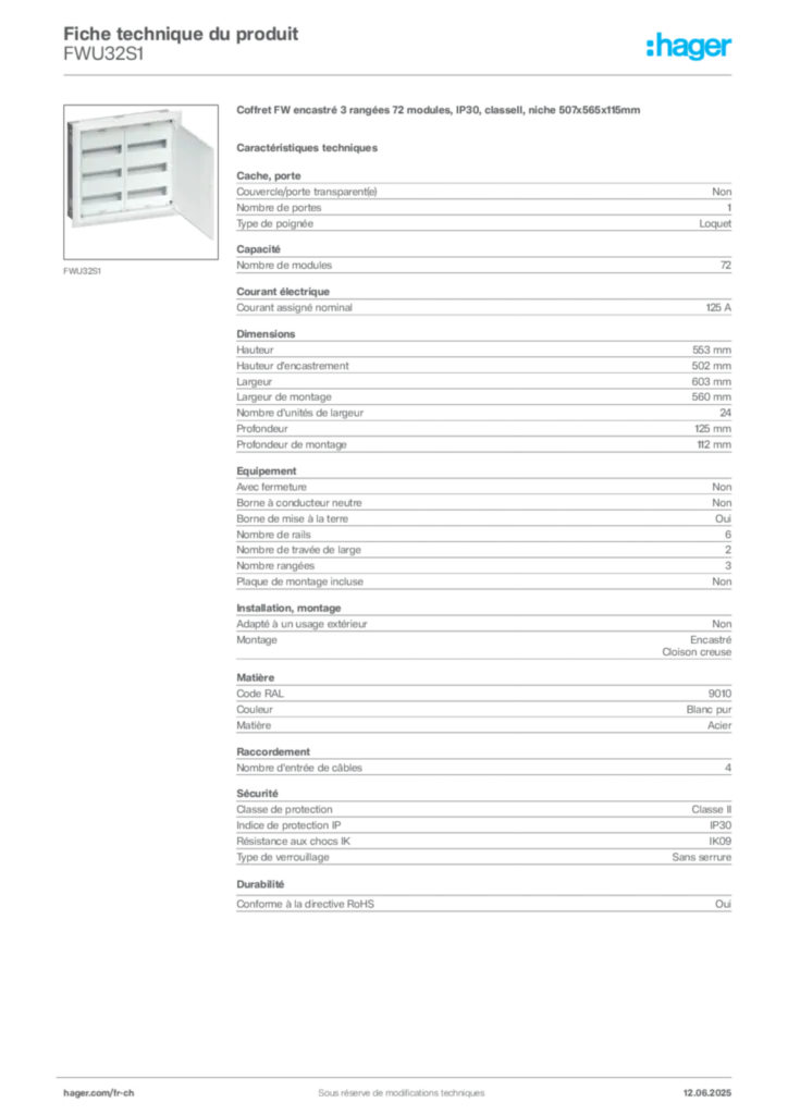 Image Hager Fiche technique du produit FWU32S1 | Hager Suisse
