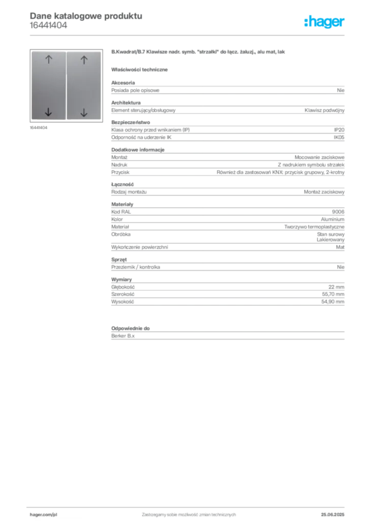 Zdjęcie Hager Karta katalogowa 16441404 | Hager Polska