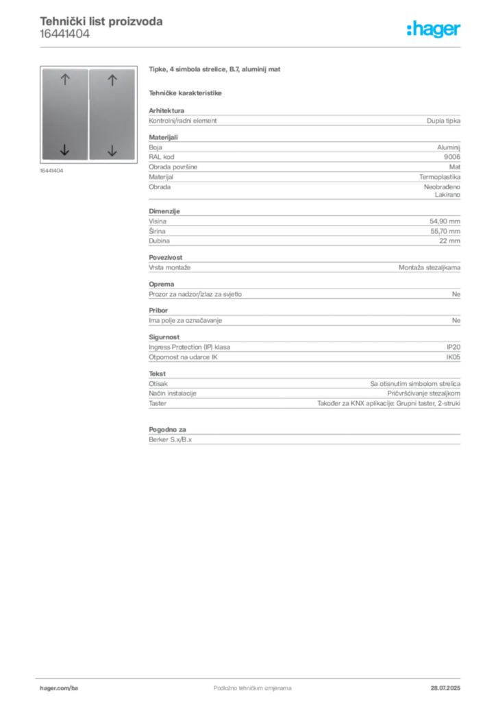 Slika Hager Product data sheet 16441404  | Hager