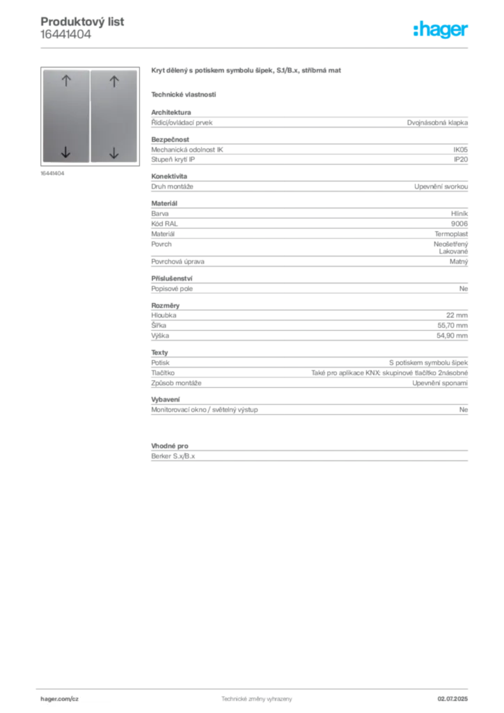 Obrázek Hager Produktový list 16441404 | Hager