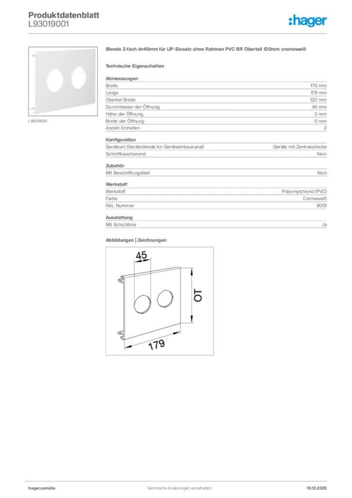 Bild Hager Produktdatenblatt L93019001 | Hager Deutschland