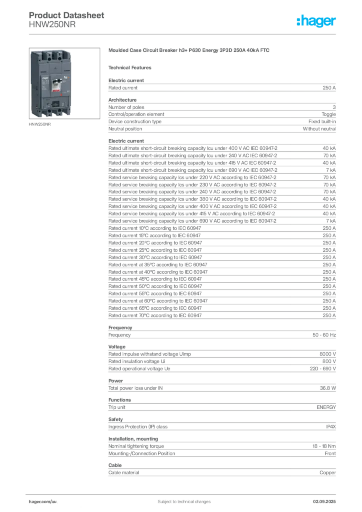 Image Hager Product data sheet HNW250NR  | Hager Australia