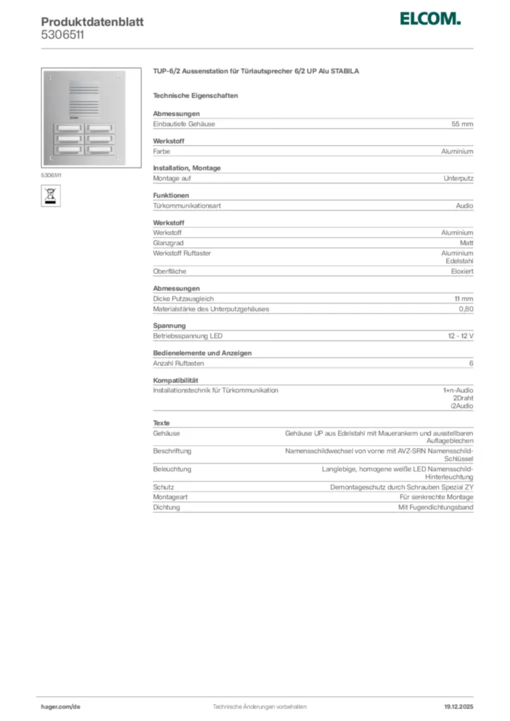 Bild Elcom Produktdatenblatt 5306511 | Hager Deutschland