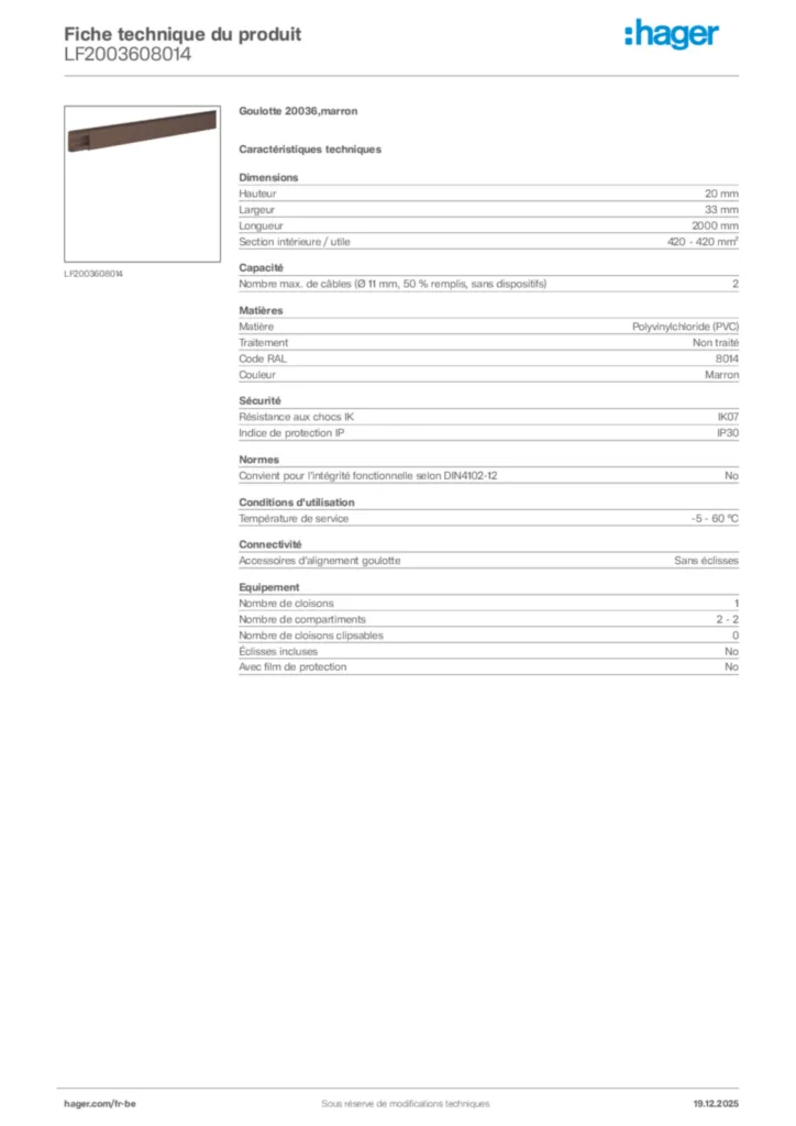 Image Hager Fiche technique du produit LF2003608014 | Hager Belgique