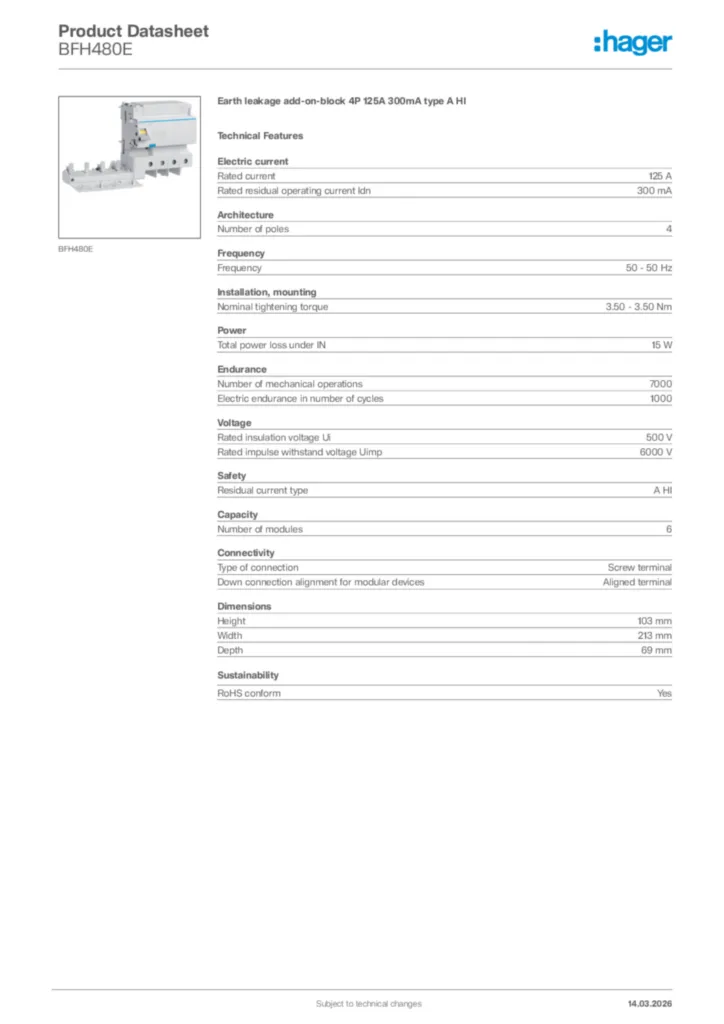 Image Hager Product data sheet BFH480E  | Hager Africa