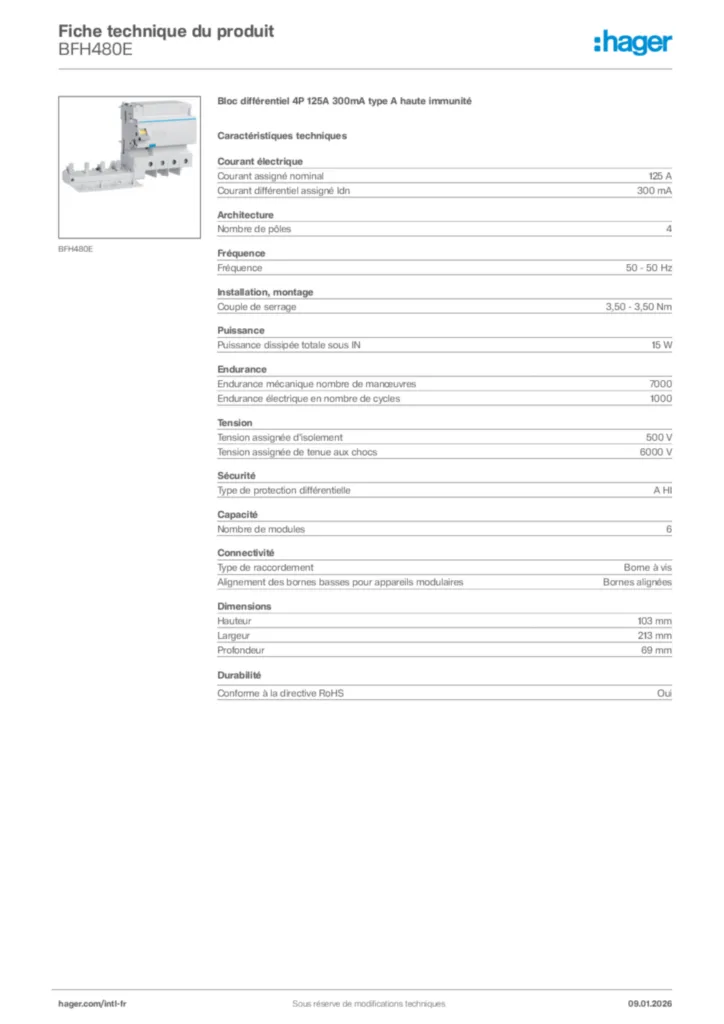 Image Hager Fiche technique du produit BFH480E | Hager Afrique