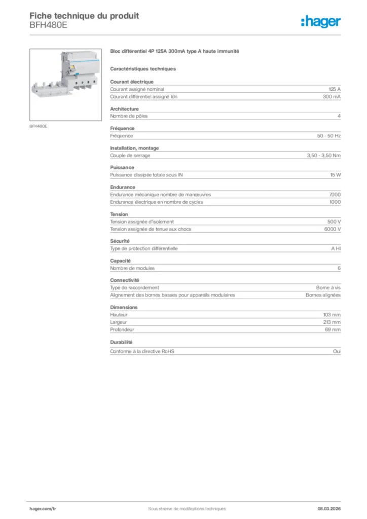 Image Hager Fiche technique du produit BFH480E | Hager France