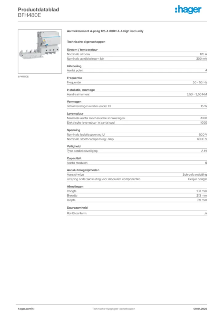 Afbeelding Hager Productdatablad BFH480E | Hager Nederland