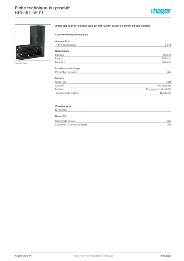 Image Hager Fiche technique du produit BR6510059011 | Hager Suisse