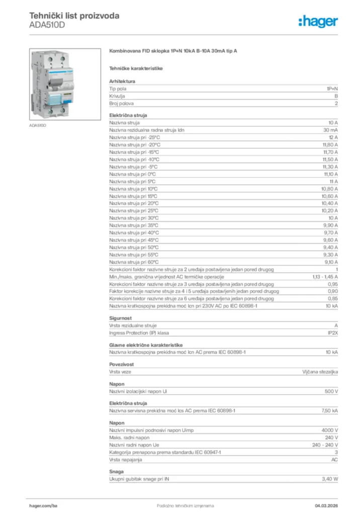 Slika Hager Tehnički list proizvoda ADA510D  | Hager