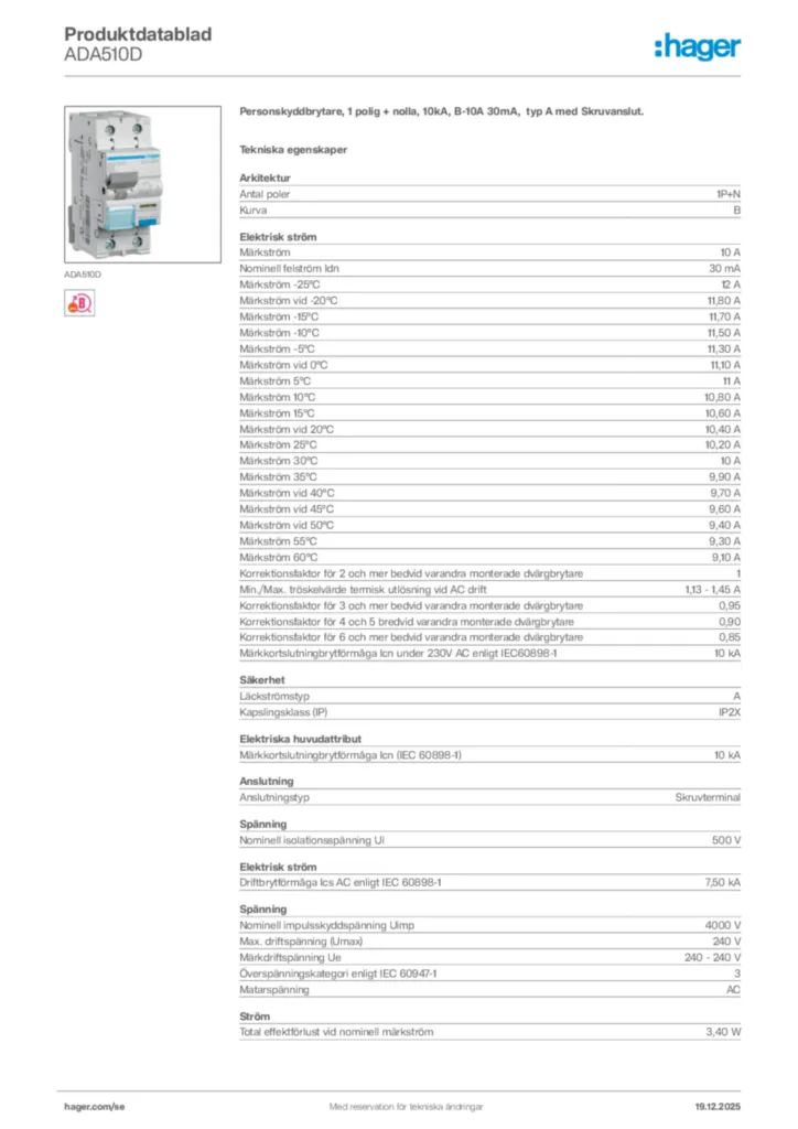 Bild Hager Produktdatablad ADA510D | Hager Sverige