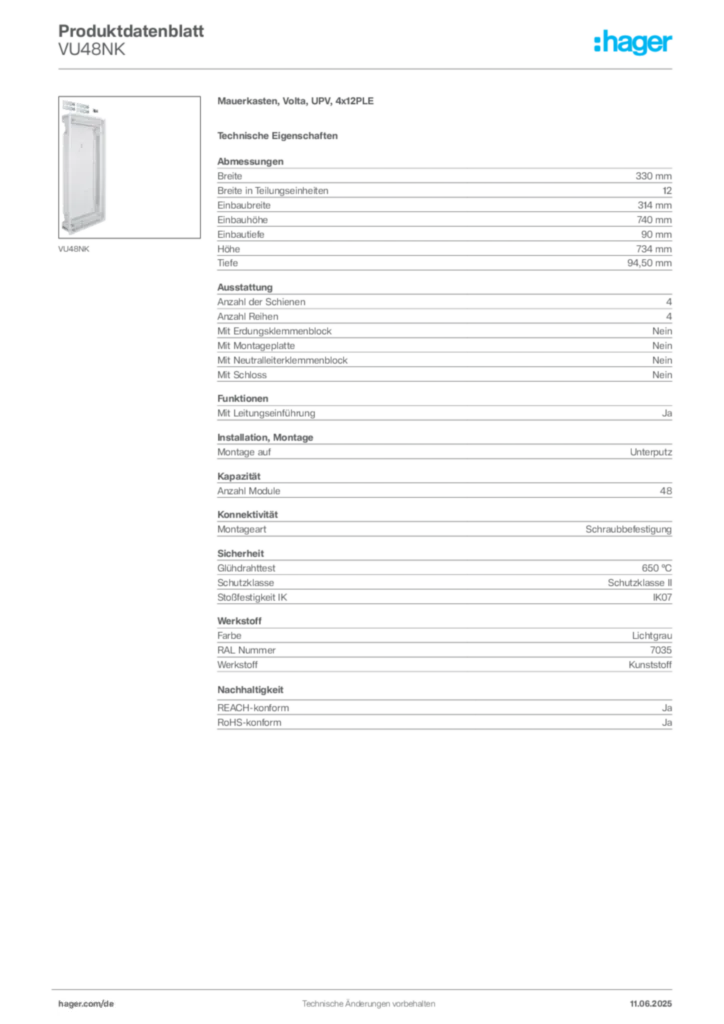Bild Hager Produktdatenblatt VU48NK | Hager Deutschland