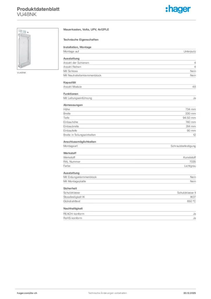 Bild Hager Produktdatenblatt VU48NK | Hager Schweiz