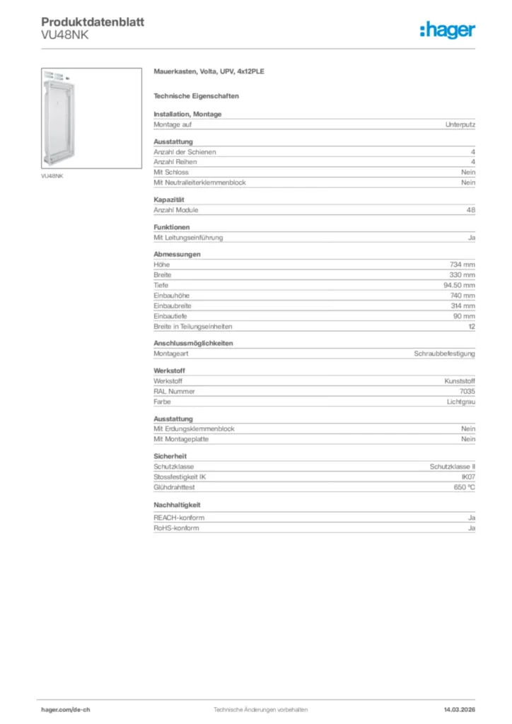 Bild Hager Produktdatenblatt VU48NK | Hager Schweiz