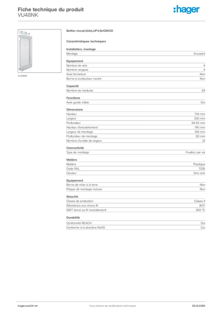 Image Hager Fiche technique du produit VU48NK | Hager Suisse