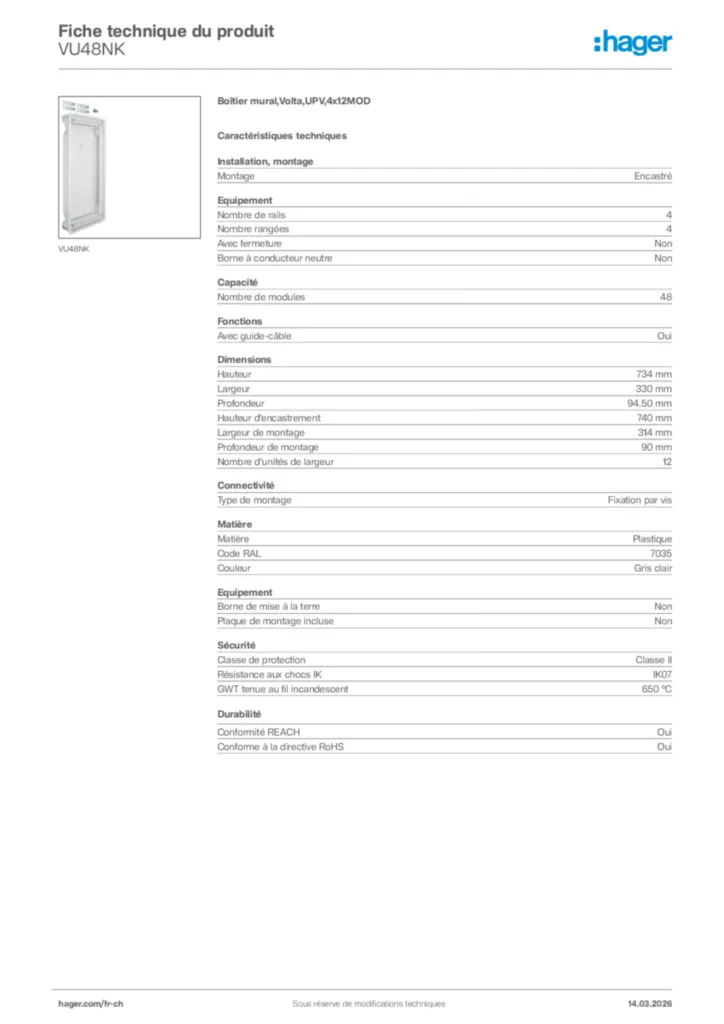 Image Hager Fiche technique du produit VU48NK | Hager Suisse