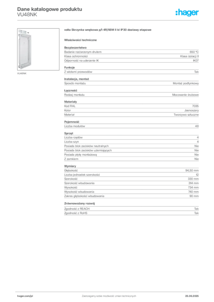 Zdjęcie Hager Karta katalogowa VU48NK | Hager Polska