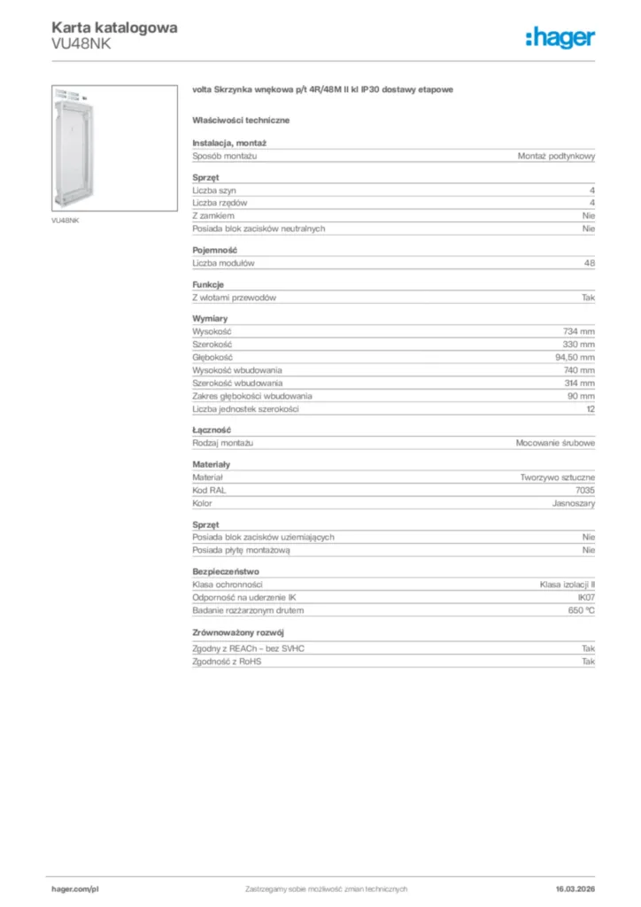 Zdjęcie Hager Karta katalogowa VU48NK | Hager Polska