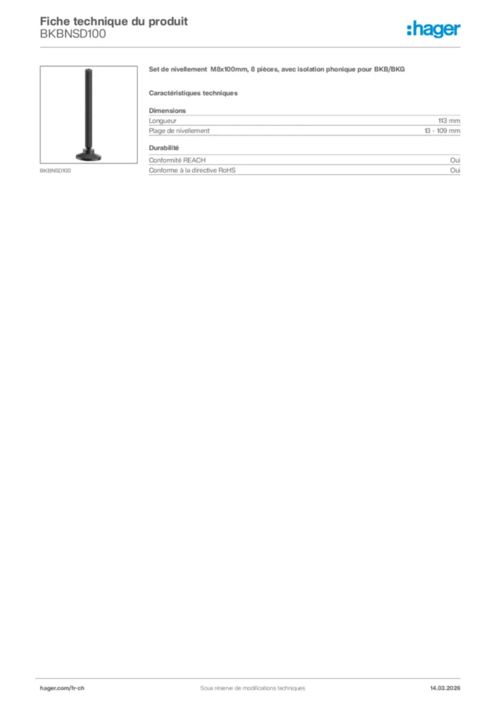 Image Hager Fiche technique du produit BKBNSD100 | Hager Suisse