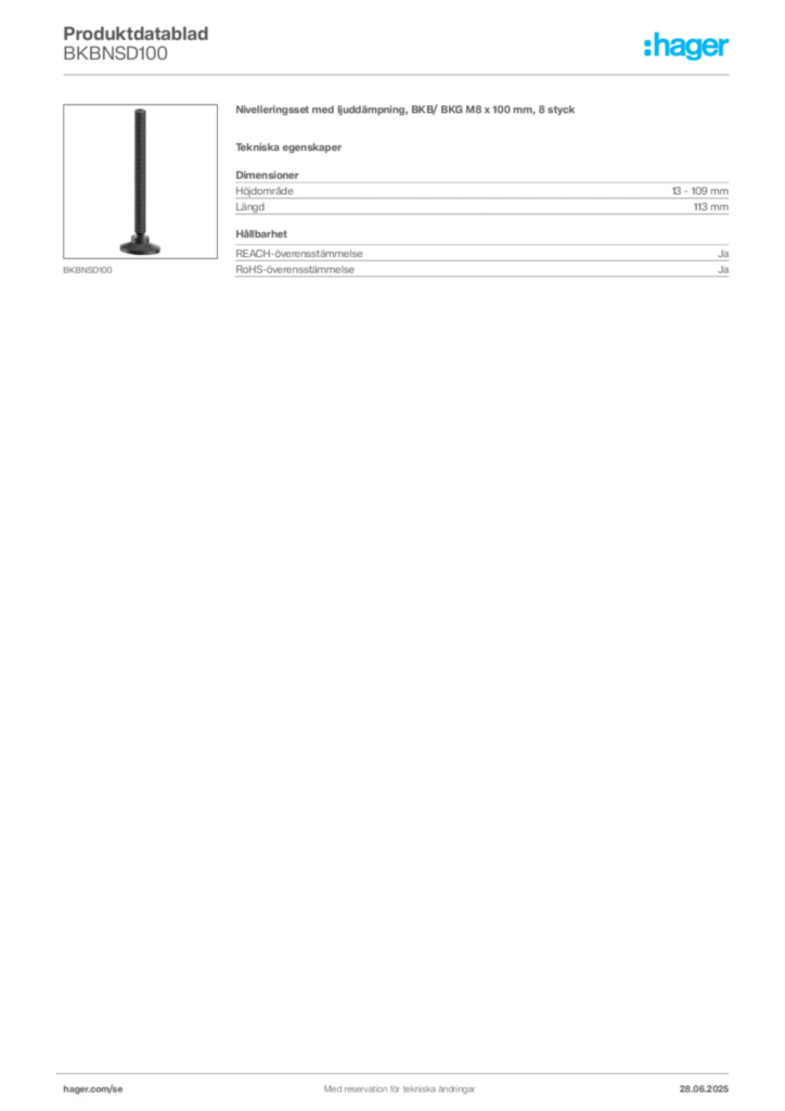 Bild Hager Produktdatablad BKBNSD100 | Hager Sverige
