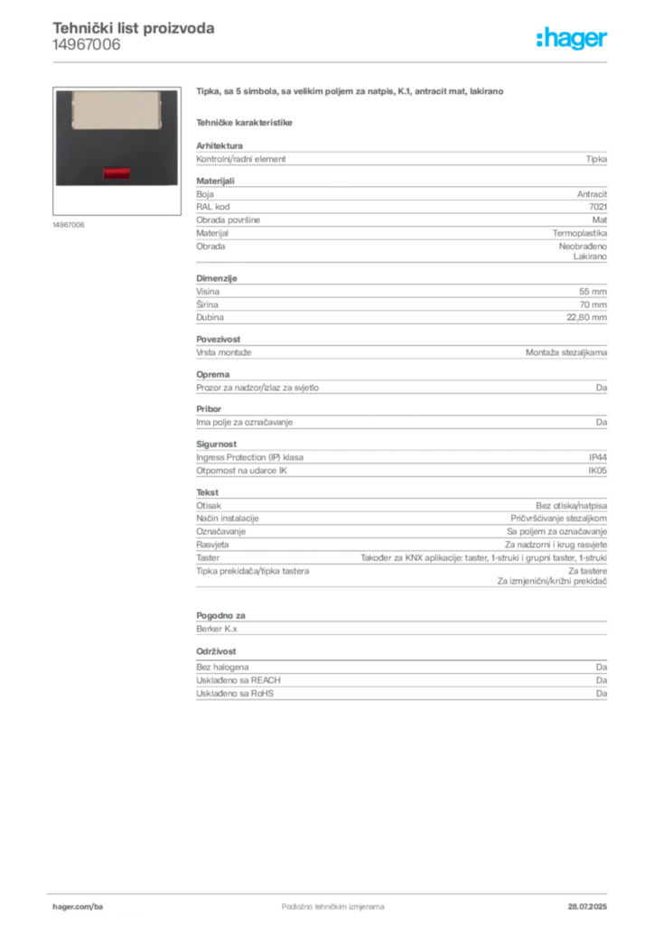 Slika Hager Product data sheet 14967006  | Hager