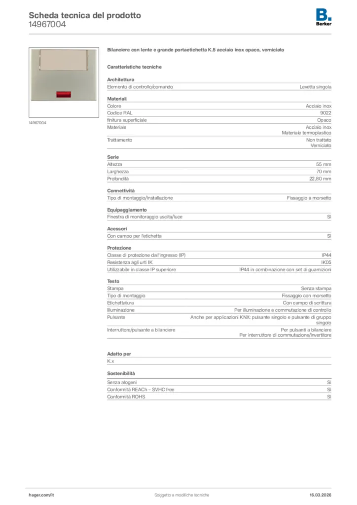 Immagine Berker Scheda tecnica del prodotto 14967004 | Hager Italia