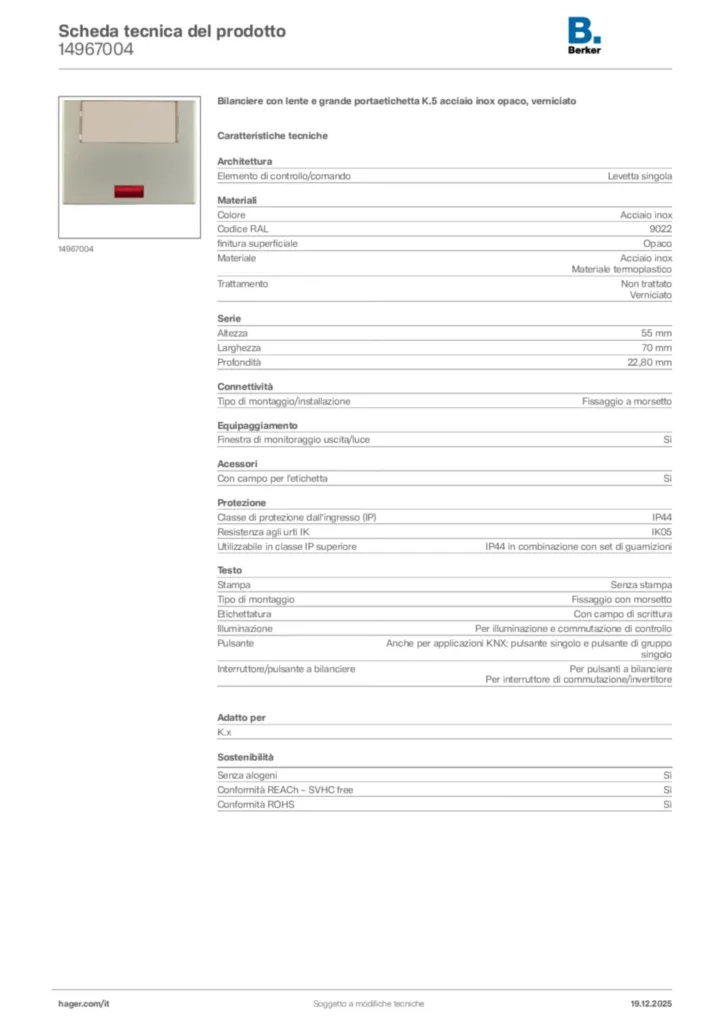 Immagine Berker Scheda tecnica del prodotto 14967004 | Hager Italia