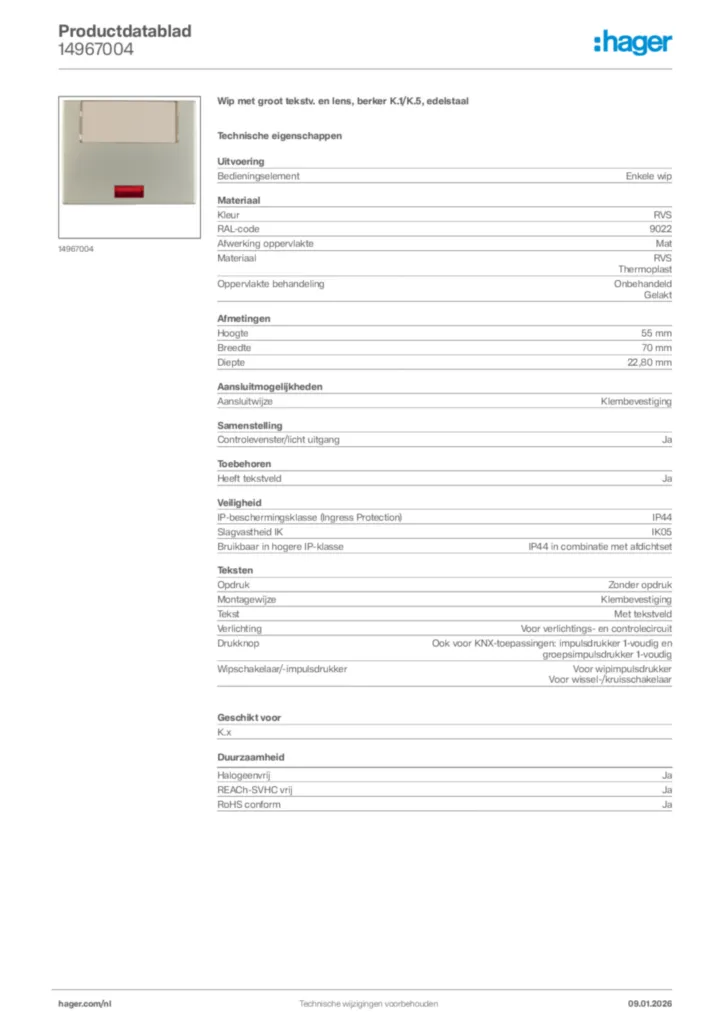 Afbeelding Hager Productdatablad 14967004 | Hager Nederland