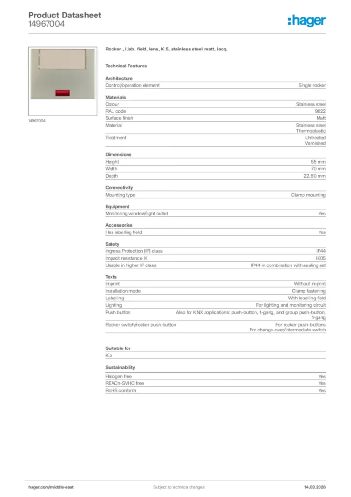 Image Hager Product data sheet 14967004  | Hager