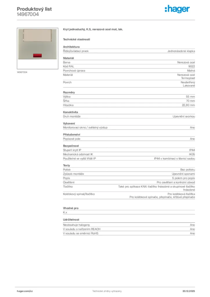 Obrázek Hager Produktový list 14967004 | Hager