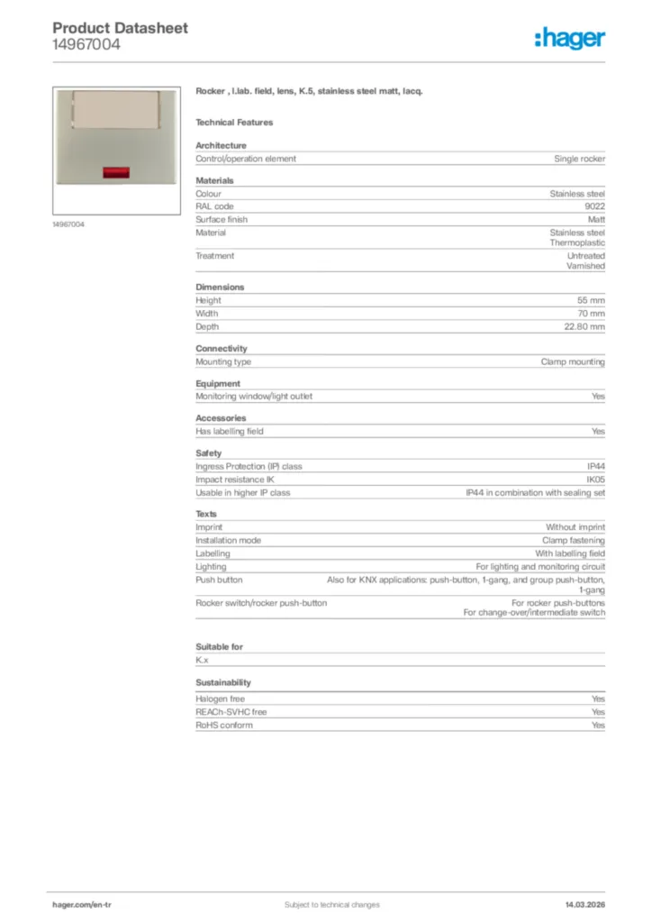 Image Hager Product data sheet 14967004  | Hager