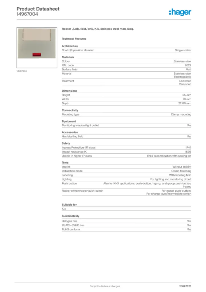 Image Hager Product data sheet 14967004  | Hager
