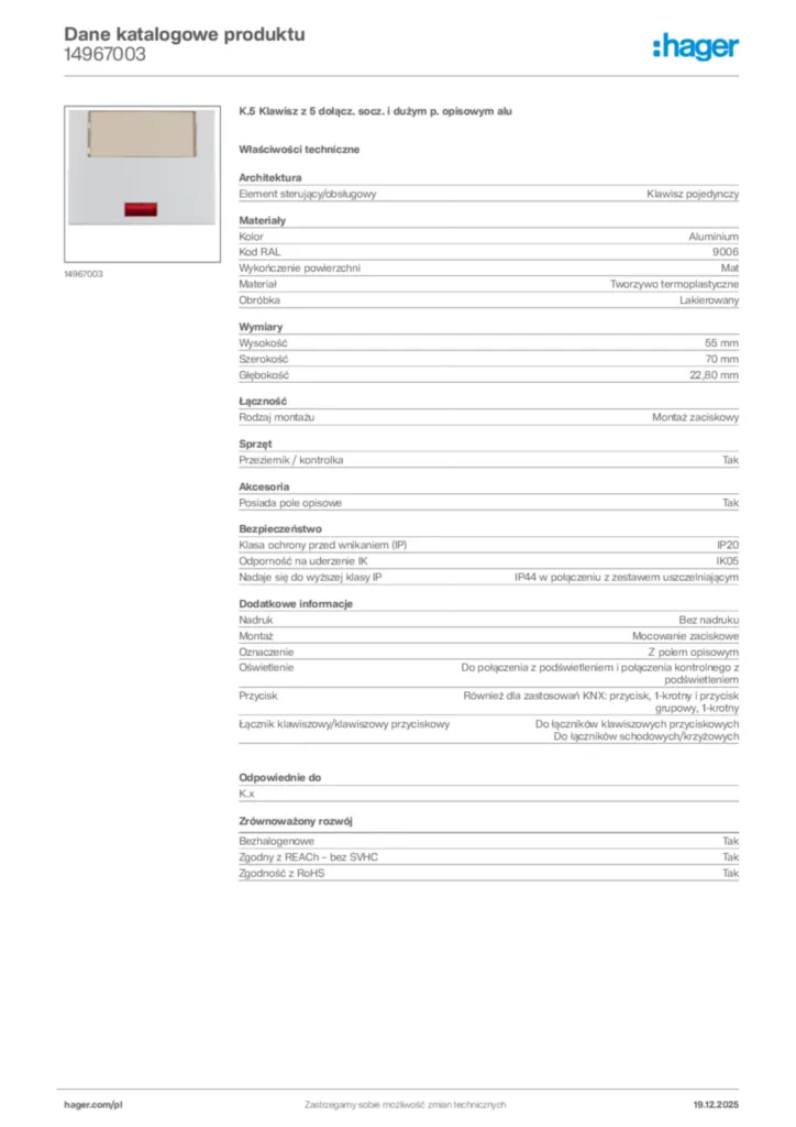 Zdjęcie Hager Karta katalogowa 14967003 | Hager Polska