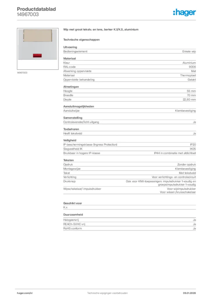 Afbeelding Hager Productdatablad 14967003 | Hager Nederland