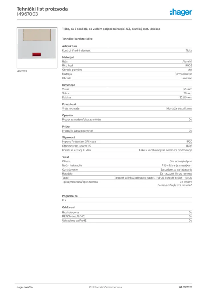 Slika Hager Tehnički list proizvoda 14967003  | Hager