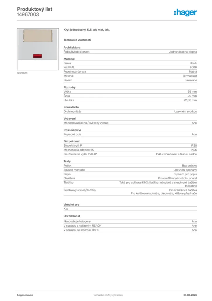Obrázek Hager Product data sheet 14967003 | Hager