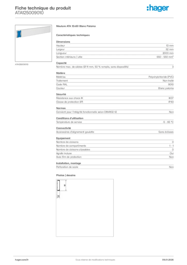 Image Hager Fiche technique du produit ATA125009010 | Hager France