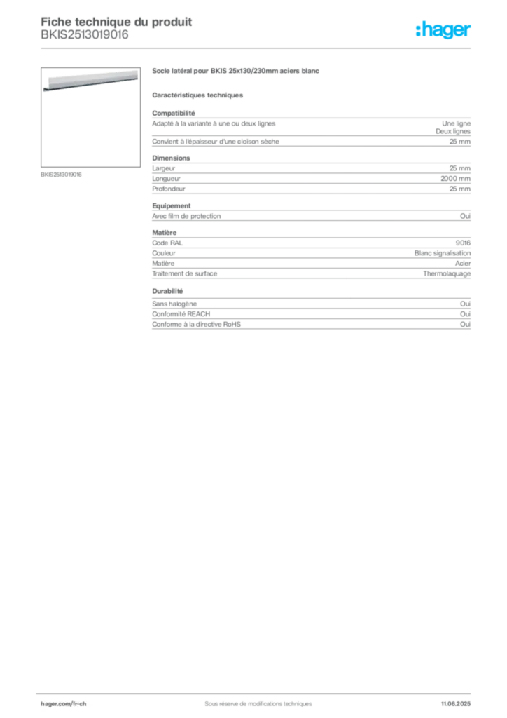Image Hager Fiche technique du produit BKIS2513019016 | Hager Suisse