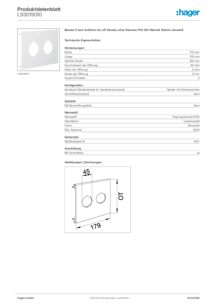 Bild Hager Produktdatenblatt L93019010 | Hager Deutschland