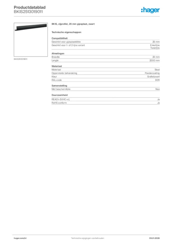 Afbeelding Hager Productdatablad BKIS2513019011 | Hager Nederland