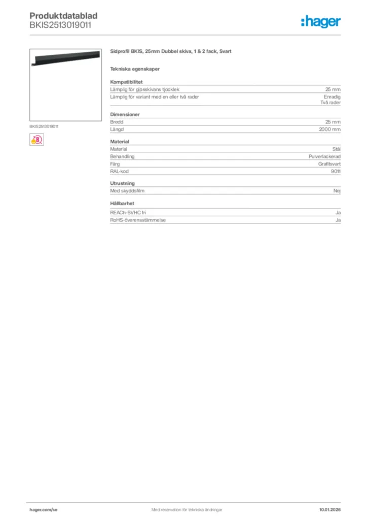 Bild Hager Produktdatablad BKIS2513019011 | Hager Sverige