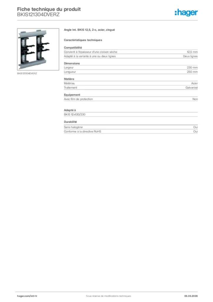 Image Hager Fiche technique du produit BKIS121304DVERZ | Hager Afrique