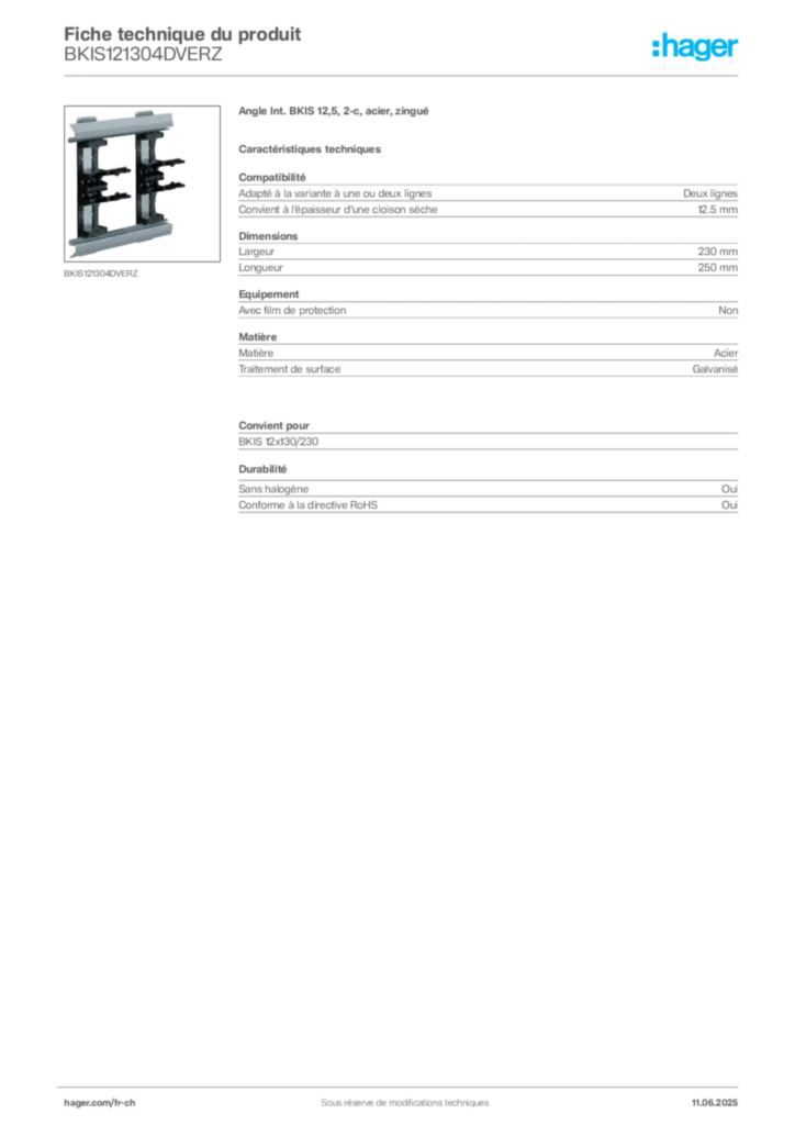 Image Hager Fiche technique du produit BKIS121304DVERZ | Hager Suisse