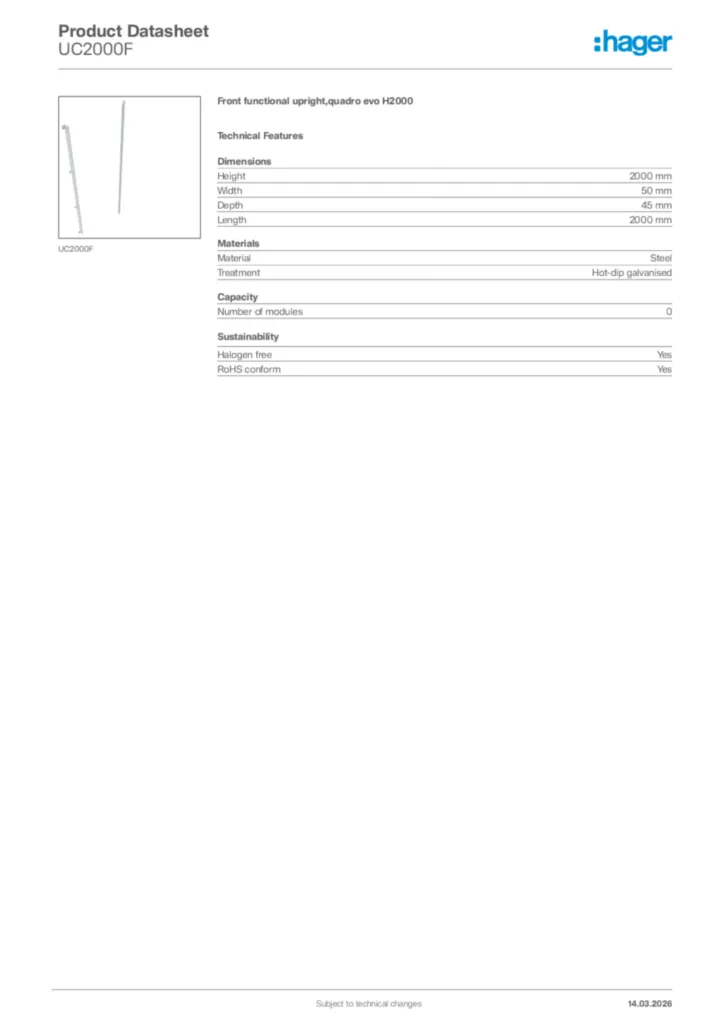 Image Hager Product data sheet UC2000F  | Hager Africa