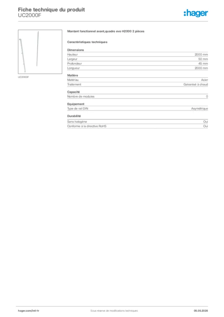 Image Hager Fiche technique du produit UC2000F | Hager Afrique