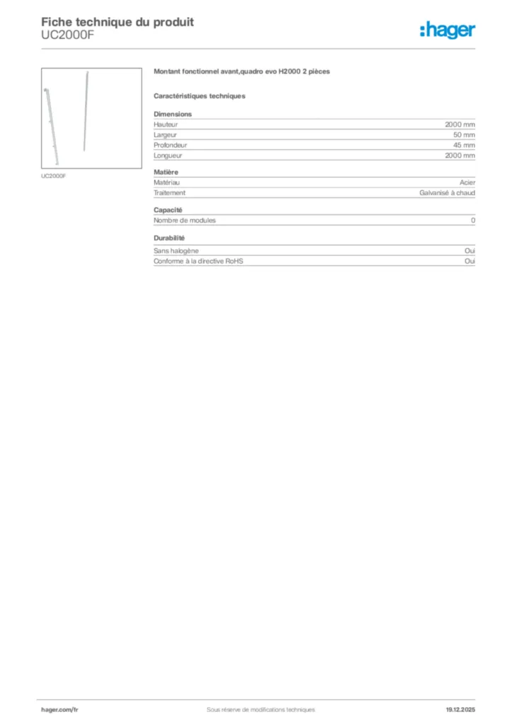 Image Hager Fiche technique du produit UC2000F | Hager France