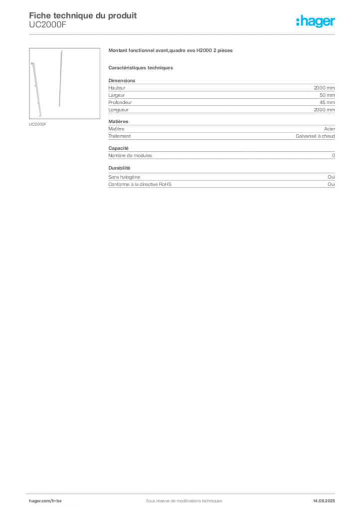 Image Hager Fiche technique du produit UC2000F | Hager Belgique
