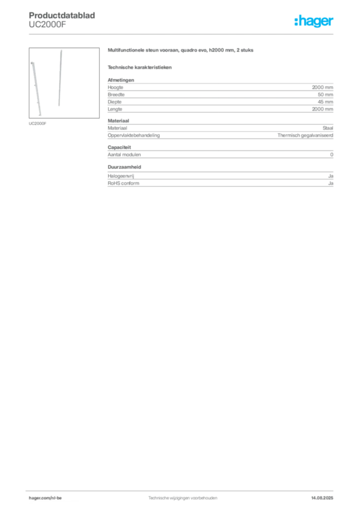 Afbeelding Hager Productdatablad UC2000F | Hager Belgium