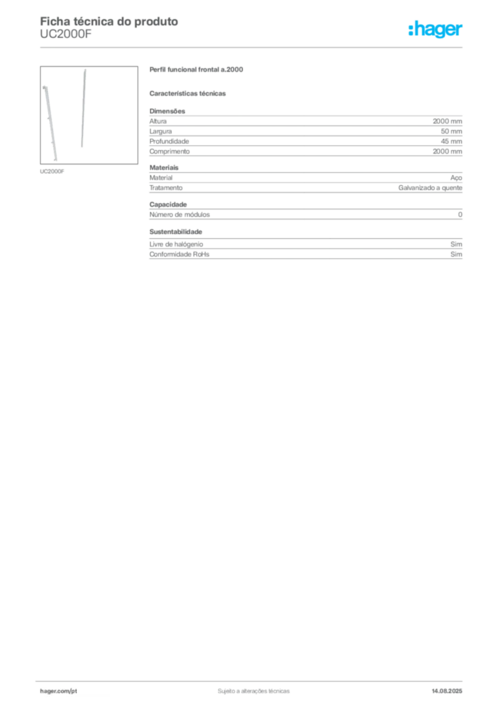 Imagem Hager Ficha técnica do produto UC2000F | Hager Portugal