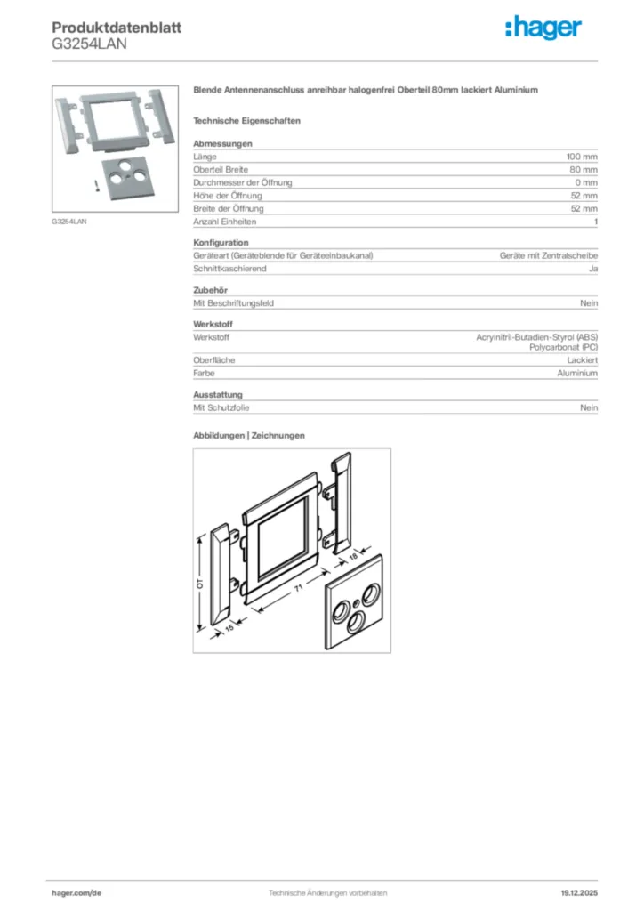 Bild Hager Produktdatenblatt G3254LAN | Hager Deutschland